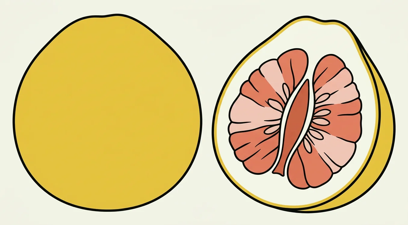 Illustrated Chandler pomelo showing golden yellow whole fruit and pink flesh cross-section