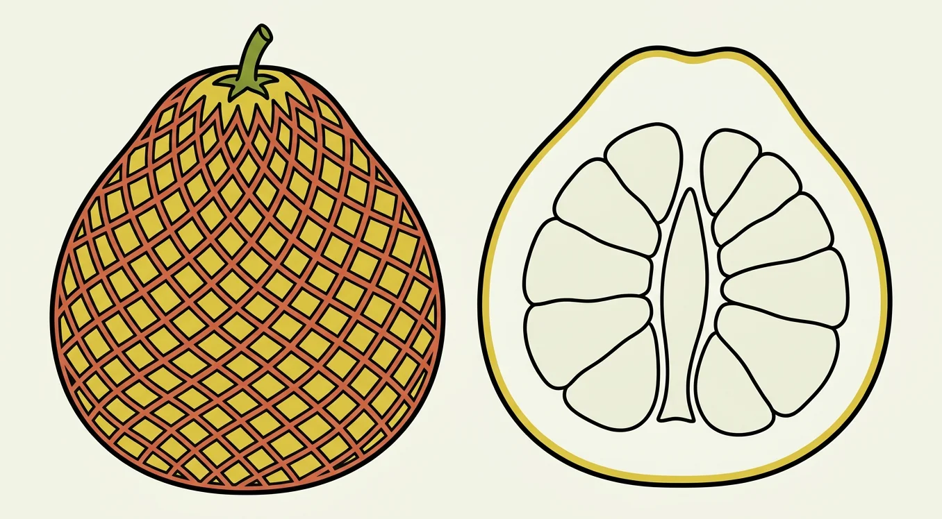 Illustrated honey pomelo in orange mesh netting alongside white flesh cross-section