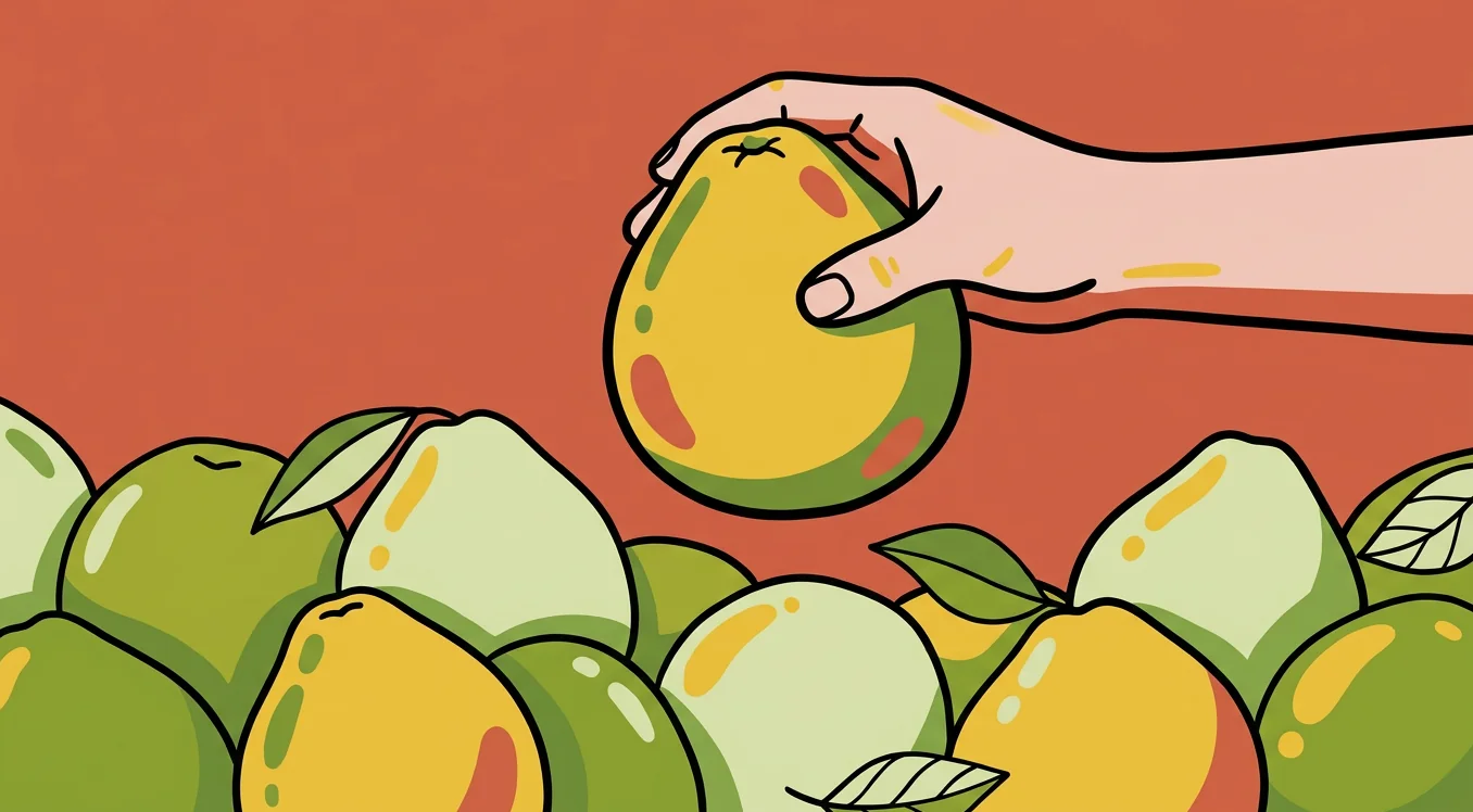 Illustrated hands selecting pomelos at a market stall