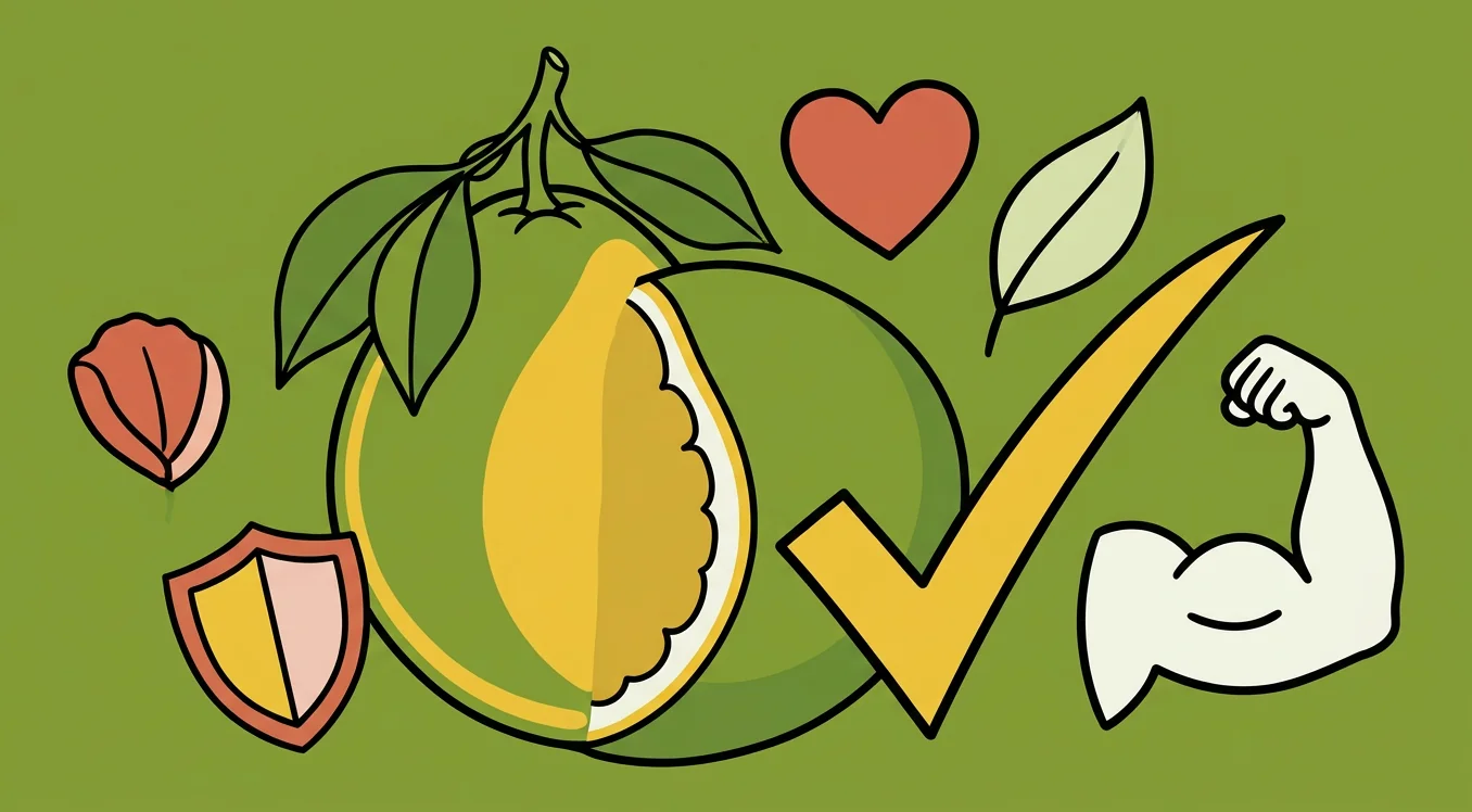 Illustrated pomelo with checkmark, heart, and muscle arm showing health benefits