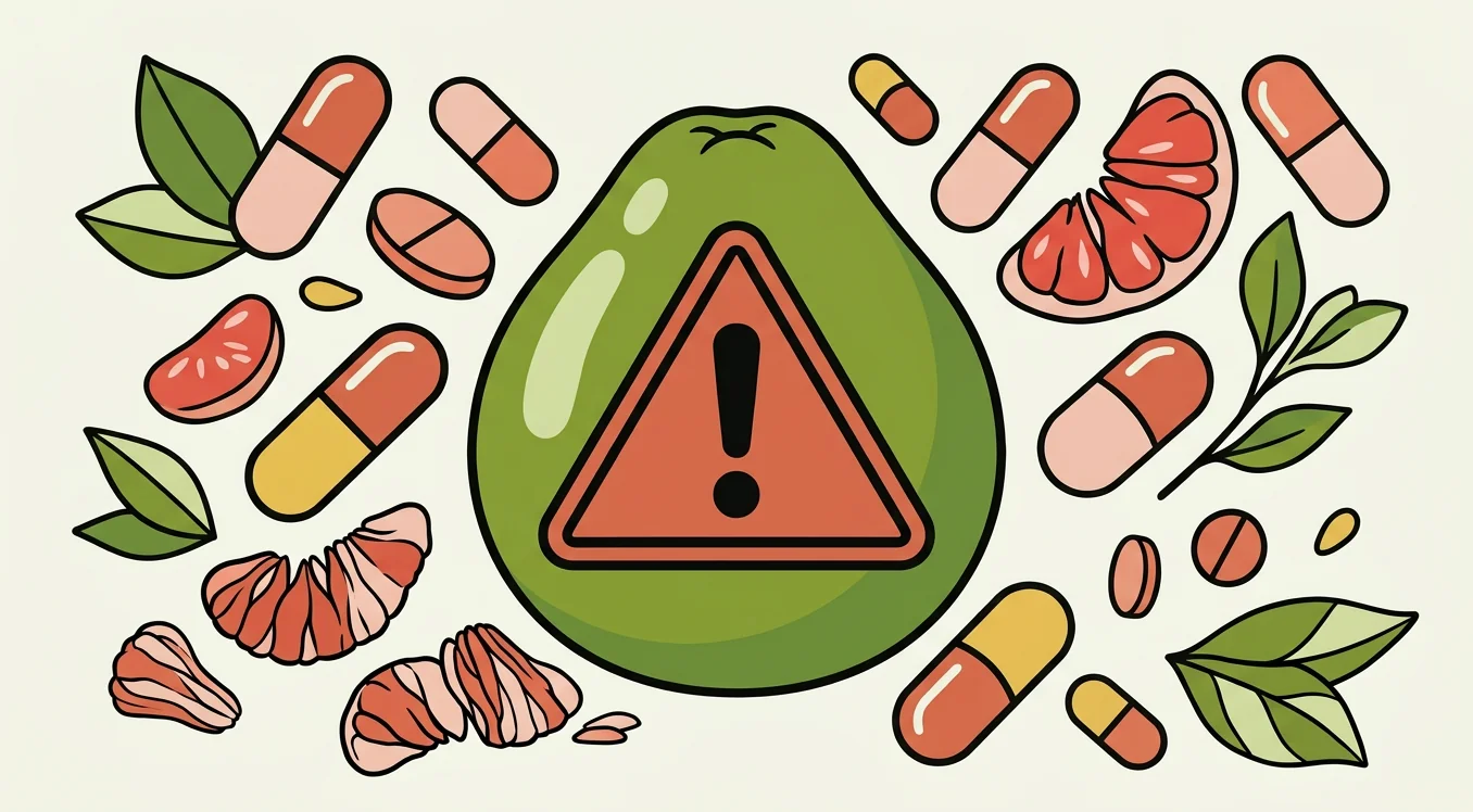 Illustrated pomelo with warning triangle surrounded by medication pills and capsules