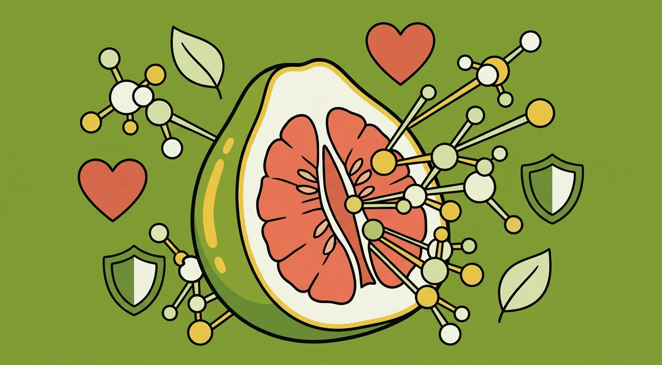 Illustrated pomelo cross-section with hearts, shields, and molecule icons showing health benefits