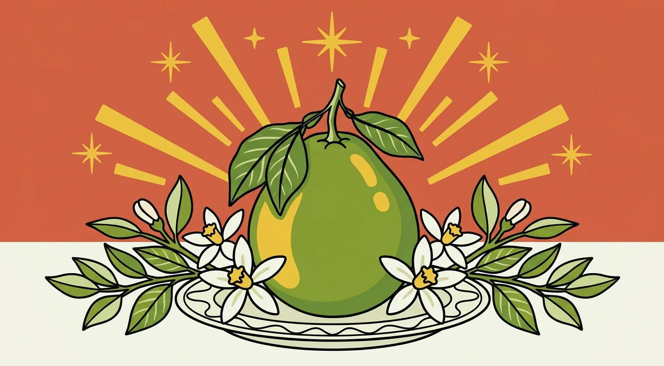 Illustrated pomelo as a traditional offering with incense and red decorations