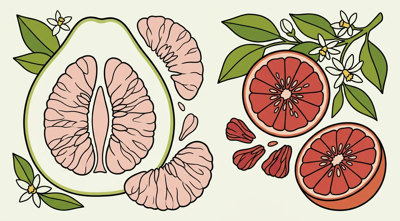 Illustrated side-by-side comparison of large pale pomelo and smaller deep pink grapefruit cross-sections