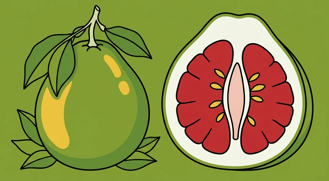 Illustrated red pomelo showing green whole fruit and deep ruby red flesh cross-section