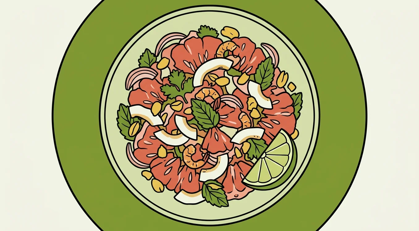 Illustrated overhead view of Thai pomelo salad bowl with shrimp, peanuts, and herbs