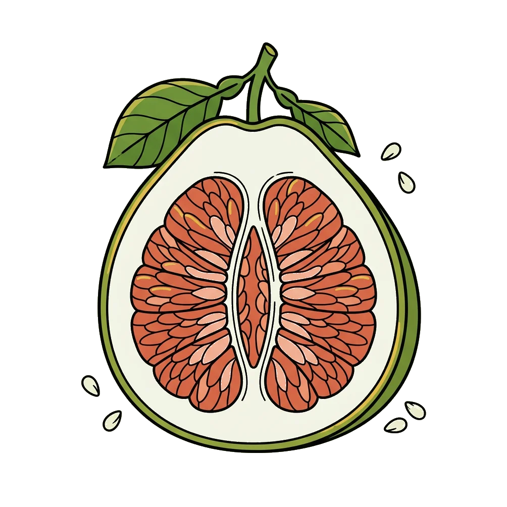 Illustrated pomelo cross-section showing coral-pink flesh segments